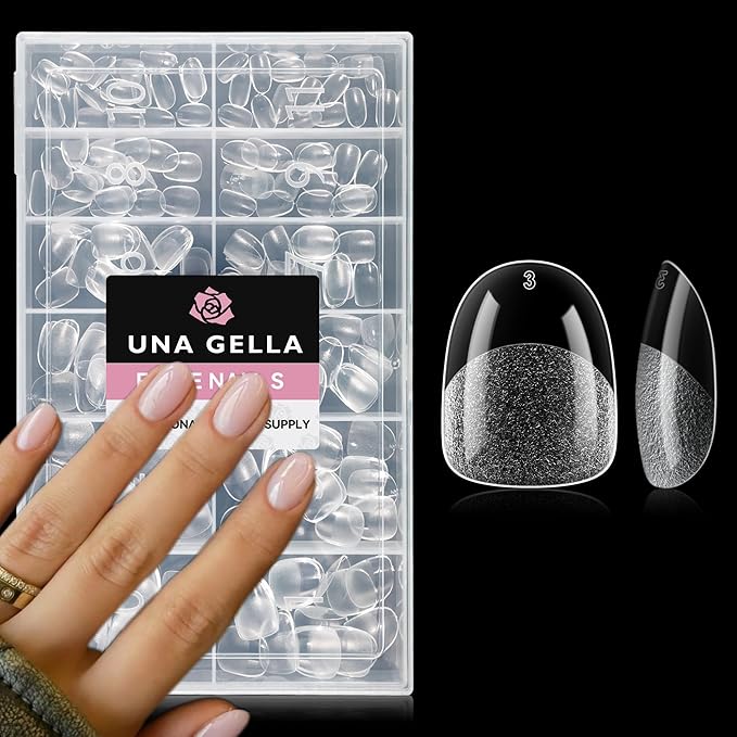 UNA GELLA Extra Short Oval Nail Tips, Pre-Etched Round Clear Fake Nails 216pcs Soft Gel Acrylic Nail Tips Full Cover False Ultra Short Gel Nail Tip for Beginners Nail Salon Extensions 12 Sizes