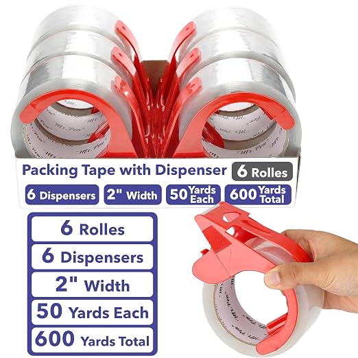 Mr. Pen- 6 Rolls Packing Tape with 6 Dispensers, 2” Wide, 50 Yards, Clear Packing Tape Heavy Duty for Mailing, Moving Boxes and Packaging