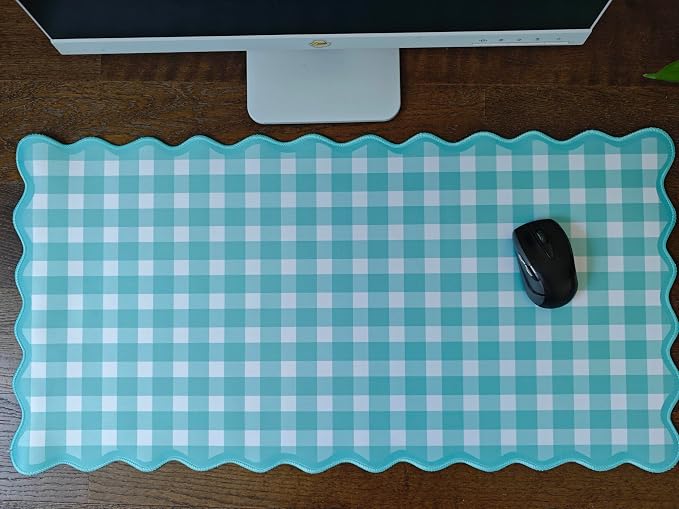 Scalloped‌ Teal Green Checkered Desk Mat Cute Pastel Large Gaming Mouse Pad Gingham Kawaii Cottagecore ‌Vintage‌ Girly Keyboard Computer Mat Aesthetic Desk Pad Accessories Office Decor for Women