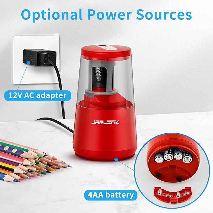 JARLINK Electric Pencil Sharpener, Heavy-Duty Helical Blade to Fast Sharpen, Auto Stop for No.2/Colored Pencils(6-8mm), USB/Battery Operated in School Classroom/Office/Home (Red)