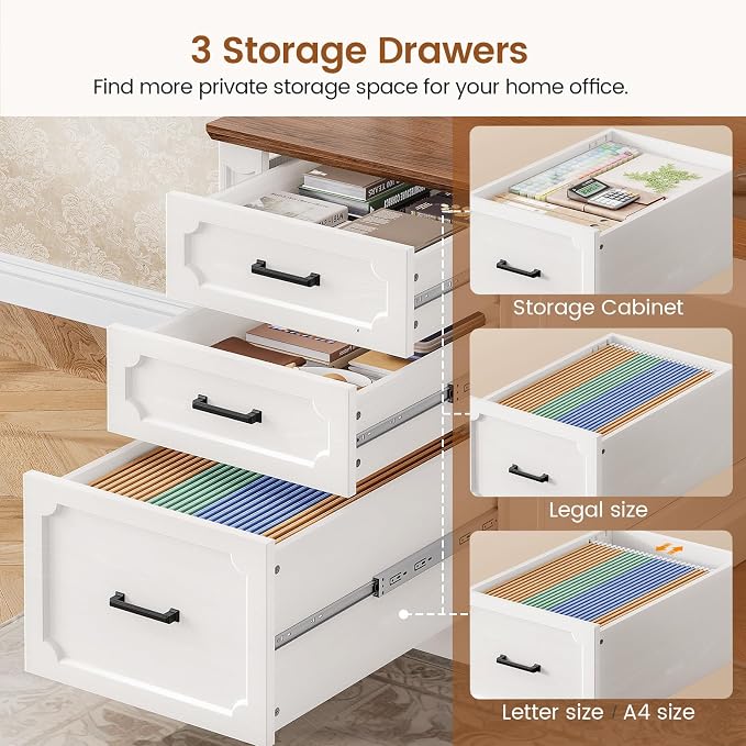 SEDETA Farmhouse 70.9" Executive Desk, Home Office Desk with File Drawers and Storage Cabinet, Computer Desk with Power Outlet for Home Office, Work Study Writing, White+Brown