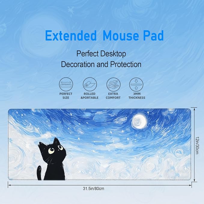 Starry Night Cat Mouse Pad,Cute Van Gogh Inspired Desk Mat,31.5x12in | Large Blue White Kawaii Black Kitty Gaming Mousepad,Nebula Sky Anime Aesthetic Desk Decor Keyboard Mat,80 x 30 cm