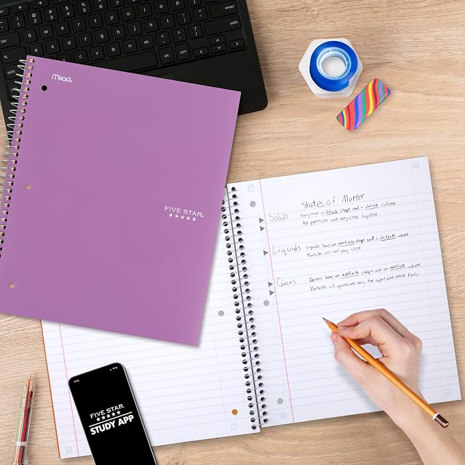 Five Star Spiral Notebook + Study App, 1 Subject, Wide Ruled Paper, 8" x 10-1/2", 100 Sheets, Fights Ink Bleed, Water Resistant Cover, Amethyst Purple (72351)