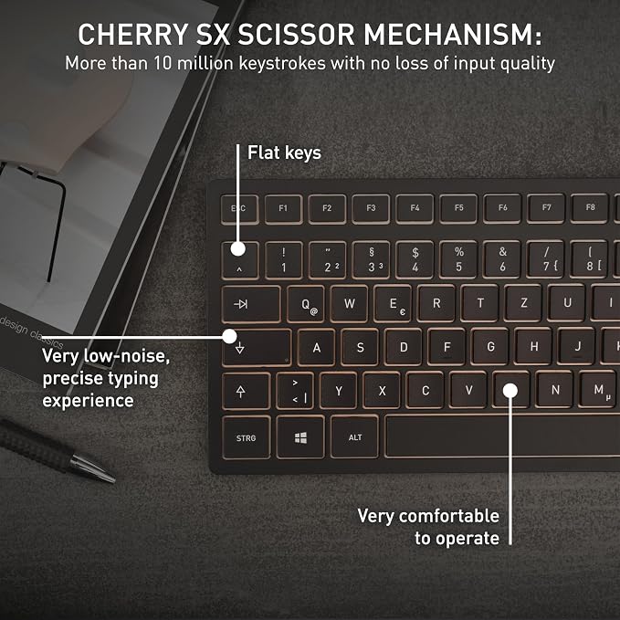 CHERRY DW 9100 Slim Wireless Keyboard and Mouse Office Combo, Rechargeable | Bluetooth & 2.4 GHz RF Connection, Quiet Keys, Comfortable Writing, Rechargeable, QWERTY, Black/Bronze