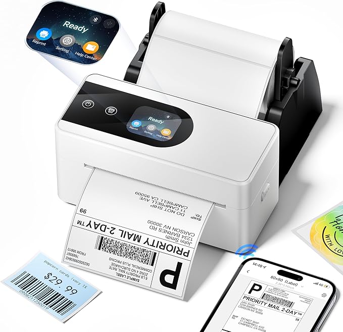Phomemo 4x6 Shipping Label Printer with Touch Screen, Wireless Bluetooth Thermal Printer for Small Business & Packages, Compatible with Amazon Shopify UPS USPS, Support Android iOS Windows Mac
