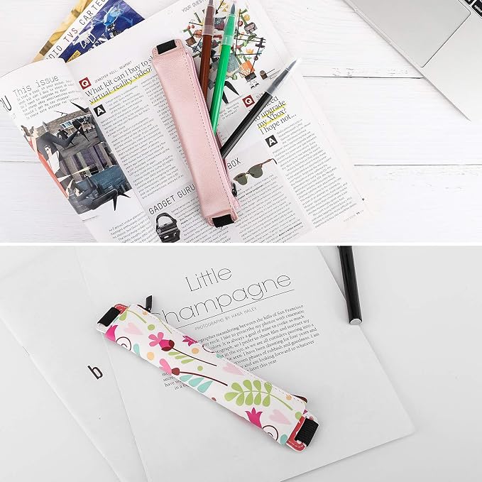 MoKo Elastic Pen Holder for Notebook, 2 Pack PU Leather Pouches | Zippered notebook pouch stores 3–4 pens and secures to hardcovers over 21 cm with an elastic strap; Print and Gold Pink.