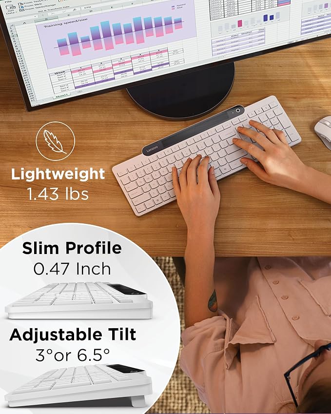 Lenovo 800 Self-Charging Bluetooth Keyboard, Battery-Free Wireless Keyboard with Light-Powered Charging, Multi-Device BT 5.1, Connect Up to 3 Devices, Compatible with Windows, macOS, ChromeOS, White