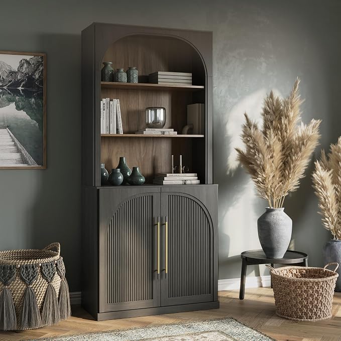 BELLEZE 72" Tall Storage Cabinet with Hutch, Modern Wood Sideboard with Arched Doors and 3-Tier Shelves, Display Curio Cabinet for Kitchen, Dining Room, Living Room, or Office, Ebony