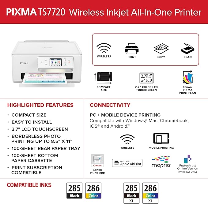Canon PIXMA TS7720 Wireless All-in-One Color Inkjet Printer – Print, Copy, Scan – Auto Duplex, 15/10 PPM, 2.7” Touchscreen, Compact Home Photo Printer with Easy Setup