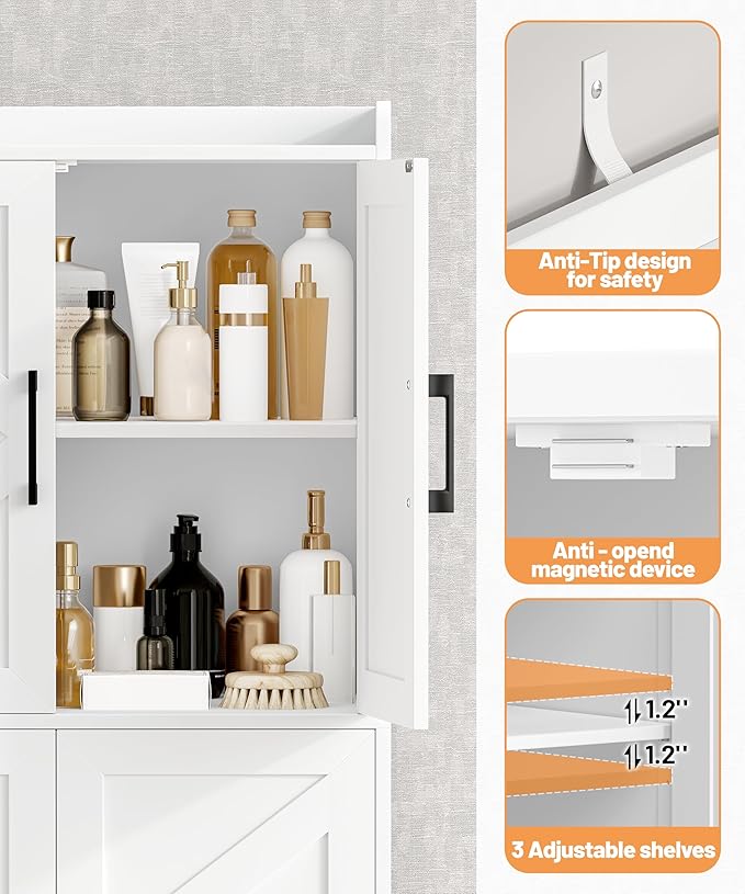 Tall Bathroom Storage Cabinet, Bathroom Floor Cabinet with 6 Barn Doors, 11.6''D x 22.6''W x 60.2''H, Adjustable Shelves, Linen Pantry Cabinet, for Kitchen Living Room, Entryway, White