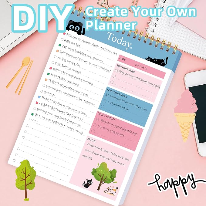 To Do List Notepad, Daily Planner, 6.5" x 9.8" | 104 Pgs, Undated 52 Duplex-Printed Sheets, Waterproof Cover,Double Spiral, Checklist Notepad, Office School Oraganized