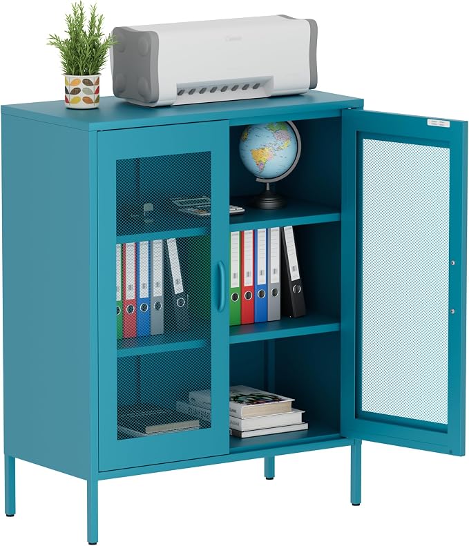 Washsemba Metal Storage Cabinet with Mesh Doors,Steel Display Cabinet with Adjustable Shelves,Metal Office Storage Locker for Home Office,Garage(Blue, 40''H)