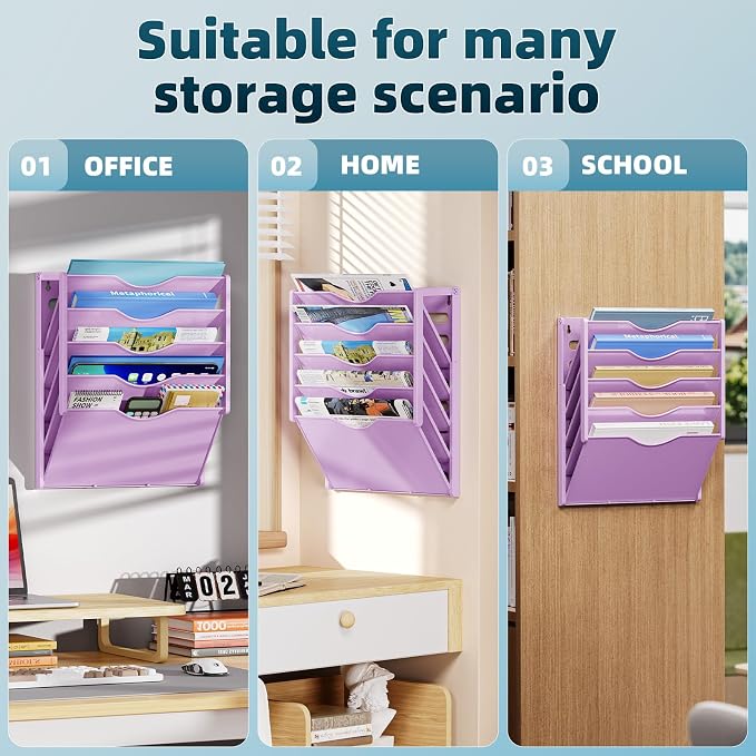 Marbrasse 5 Tier Wall File Organizer, Plastic Hanging File Holder for Mail, Magazines Paper Organizer Wall Mounted for Office Home (Purple)