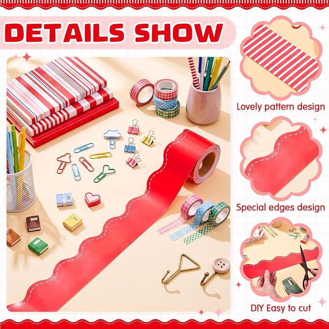 2 Rolls 65.6ft Red Striped Bulletin Board Borders Decoration Scalloped and Straight Edge Bulletin Borders Board Trim for Office School Classroom Chalkboard Party Decoration