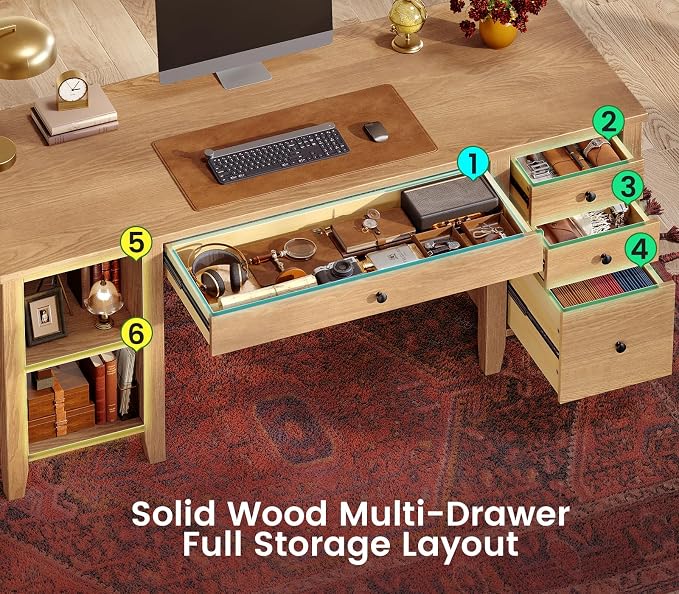 SEDETA Solid Pine Wood Computer Desk, 58'' Executive Home Office Desk with 4 Wood Drawers and Storage Shelves for Work Study Writing,Oak