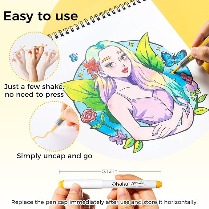 Ohuhu Acrylic Paint Markers Brush Tip: 48 Pack Automatic Ink Control Acrylic Markers High Opacity Paint Pens Waterproof Lightfast for Rock Painting 3D Prints Easter Eggs Wood DIY Crafts- Nahuku