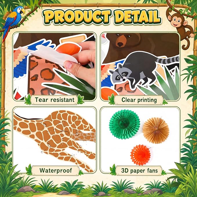 70 Pcs Jungle Bulletin Board Decorations with Paper Fans 3D Safari Animal Classroom Bulletin Board We are Wild About Learning Educational Cutouts for Back to School Office Wall Decor Supplies