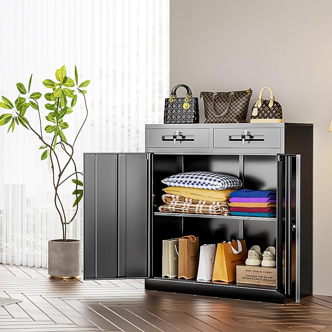 Metal Storage Cabinet with Drawers, 36”H Lockable Office Storage Cabinets with 2 Doors and Adjustable Shelves, White Steel File Cabinet for Home Office, Garage, School, Apartment(Black)