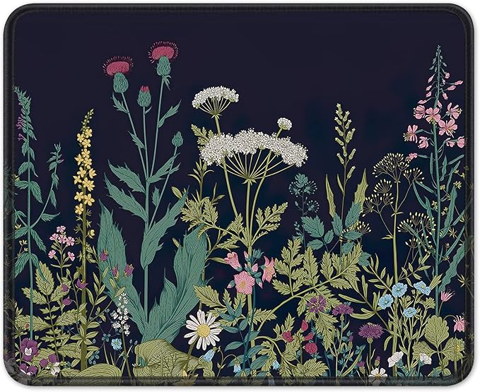 BOSOBO Mouse Pad, Square Anti-Slip Rubber Gaming Mousepad, Premium-Textured & Waterproof Mouse Mat with Stitched Edge, Cute Office Mouse Pads for Women Men Computer Laptop, 10" x 8", Black Flowers