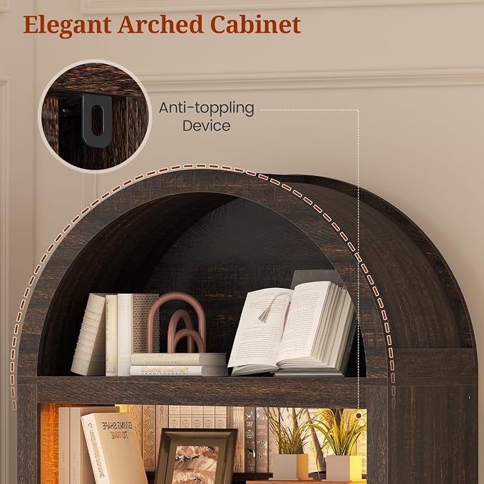79.4"Tall Arched Cabinet,Bookcase with storage,Mid-Century Modern 7-Tier Bookshelf with RGB Light,2 Book Risers,Adjustable Shelf offering more space for Living Room,Kitchen,Home Office(Walnut)