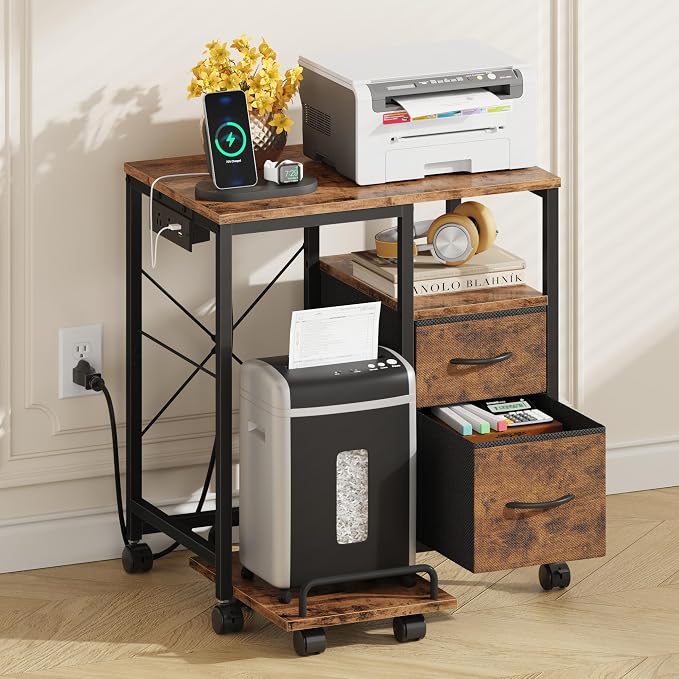 YAOHUOO Printer Stand with Power Outlet/Drawers, Printer and Shredder Stand | 22.8"x15"Top,Printer Desk with Storage Shelf,Rolling Table Cart with Lockable Wheels&Feet,Home Office,Rustic Brown