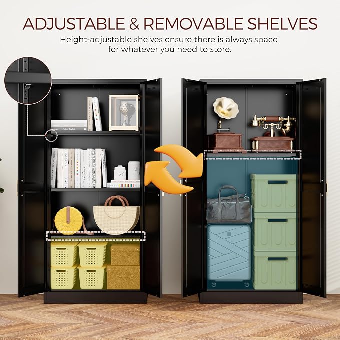 60" Tall Kitchen Pantry Cabinet, Metal Storage Cabinet with Doors | Kitchen Cabinet with 4 Adjustable Shelves, Tall Food Pantry Cabinet, Black Cupboard for Kitchen, Dining Room, Garage & Office