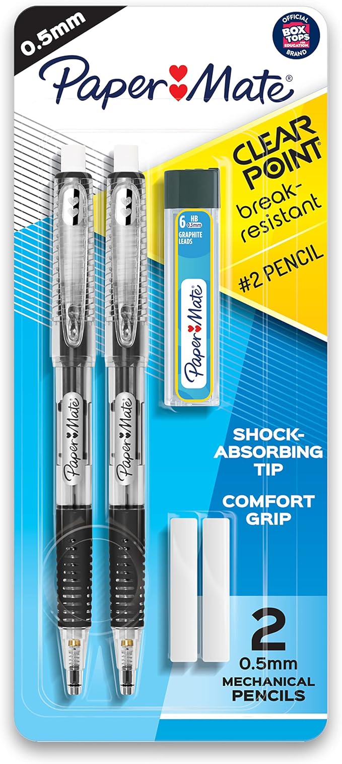 Paper Mate Clearpoint Mechanical Pencils 0.5mm Break Resistant HB #2 Lead School Supplies Art Supplies Drawing Sketching Pencils 2 Black 1 Lead Refill Set 2 Erasers