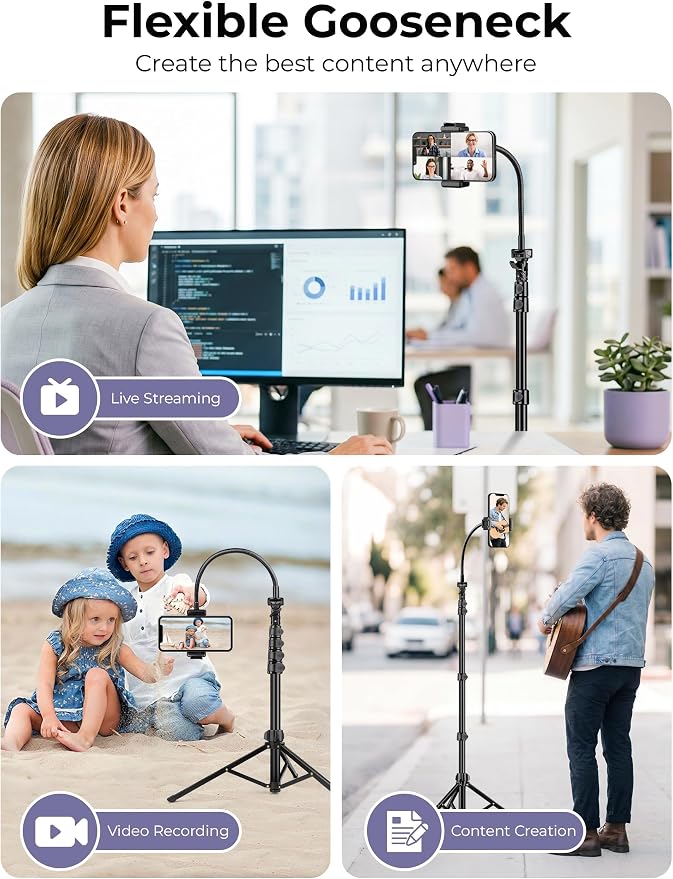 Phone Tripod Stand, 81" Tall Cellphone Tripod for iPhone with Gooseneck | Flexible Portable Phone Stand for Recording with Remote, Compatible with iPhone 17 16 15 Pro Android Camera