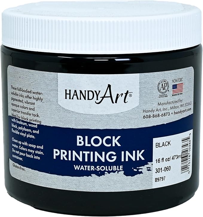 Handy Art Water Soluble Block Printing Ink Jar, Black, 16-Ounce