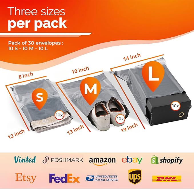 Poly Mailers Shipping Bags (30 Pack) — Self-Seal Plastic Mailing Envelopes, 3 Sizes incl. 8x12, poly mailers 10x13 & 14x19 — Tear & Water-Resistant Plastic Shipping Bags for Clothing Not Padded, Grey