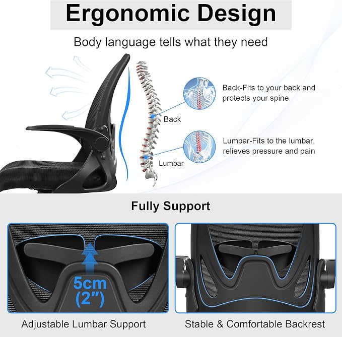 Drafting Chair Tall Office Chair with Flip-up Armrests Executive Ergonomic Computer Standing Desk Chair with Lumbar Support and Adjustable Footrest Ring (Black) (Pack of 2)