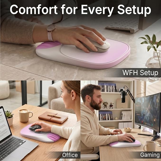 Ergonomic Mouse Pad with Wrist Rest, Sloped Memory Foam Mousepad with Wrist Support, Cooling Channels, Non-Slip Base, Smooth Lycra Surface for Office, Gaming & Home Desk (Sakura Pink)