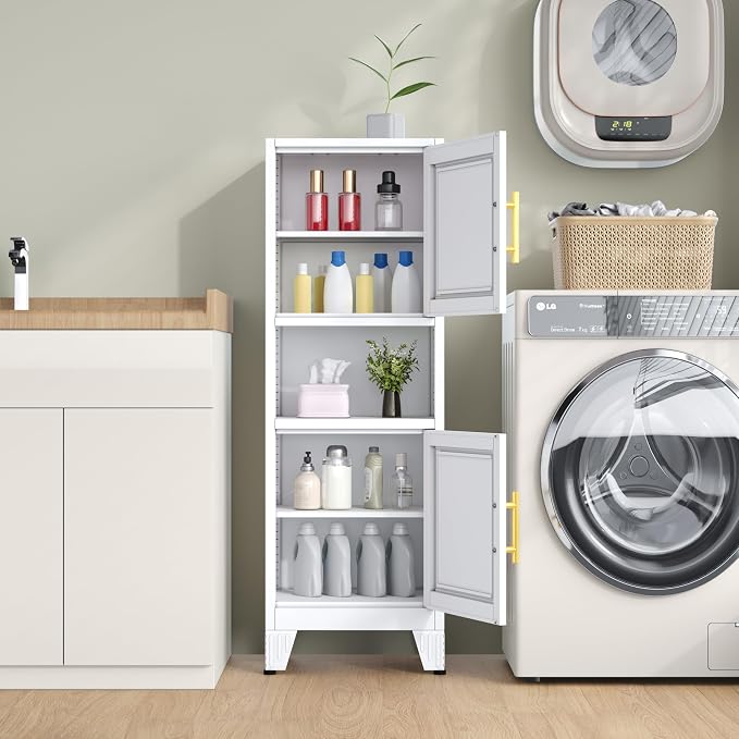 Metal Tall Narrow Bathroom Storage Cabinet, Freestanding Floor Cabinet with 2 Doors and Adjustable Shelves, Pantry Storage Cabinets for Bathroom, Living Room, Entryway and Kitchen (White)