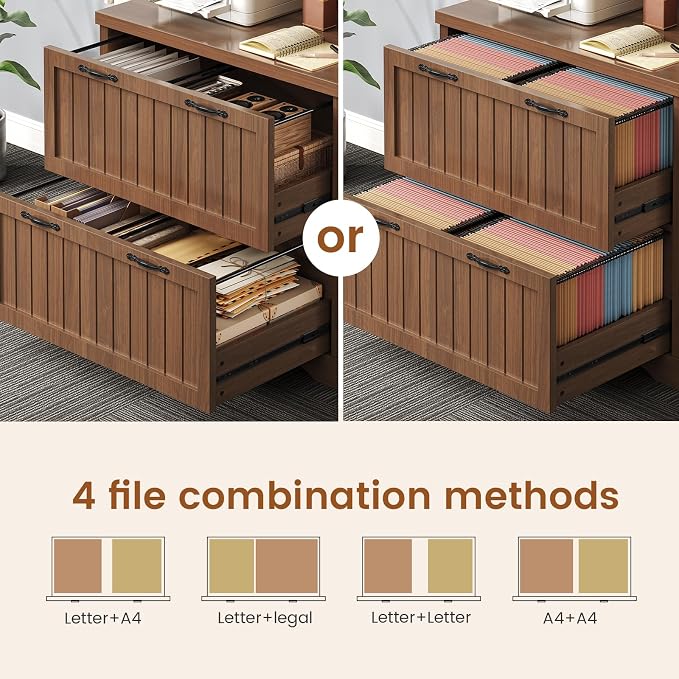 SEDETA Farmhouse File Cabinet with 2 Drawers, Filing Cabinet for Home Office with Storage Shelves, Tall Office File Cabinets for Letter/Legal/A4 Size, Lateral File Cabinets with Printer Stand, Brown