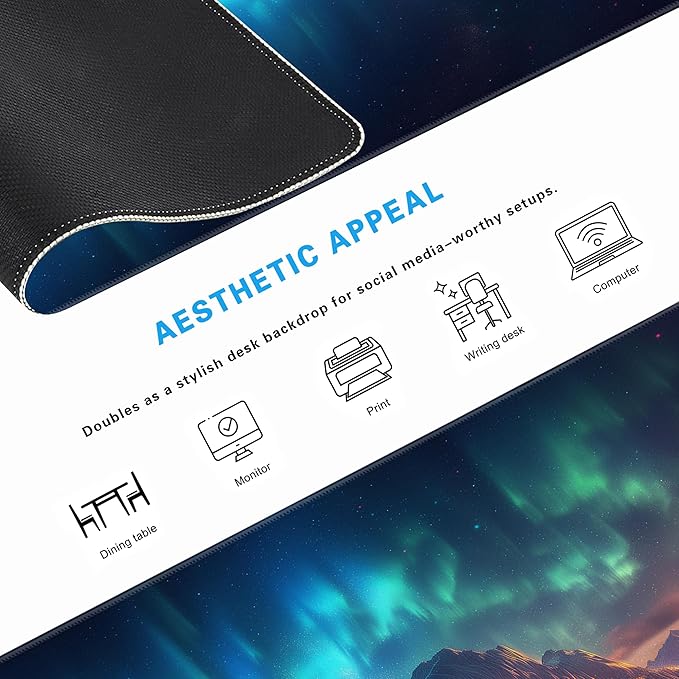 Extra Large Gaming & Office Mouse Pad 31.5" x 11.8" – Aurora Borealis Over Winter Landscape Snow Mountains & Captivating Night Sky, Desk Mat with Durable Stitched Edges for Home&Game Decor