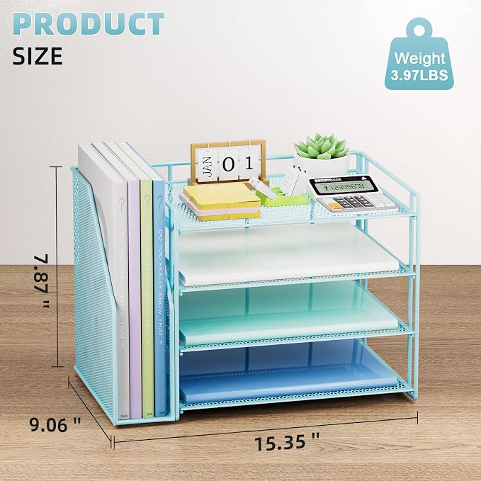 Marbrasse 4-Tier Paper Tray Organizer with File Holder, Blue | Sturdy Paper Tray, Built-in File Holder, fits Letters/Docs, Saves Desk Space, for School/Office/Home