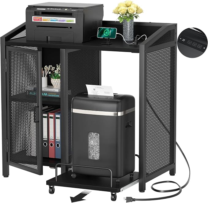 Unikito Large Printer Stand with Power Outlet and Storage Shelf, Black | Printer Table with Paper Shredder Stand On Wheel, File Cabinet with PC Tower Shelf and Adjustable Storage for Home Office