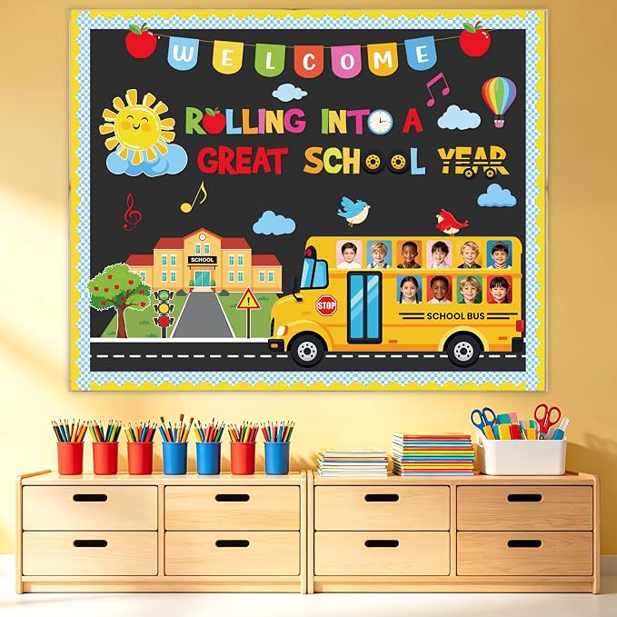 66Pcs Welcome Back to School Bulletin Board Decorations Set, School Bus Cutouts Yellow Bus Bulletin Board DIY Photo Crafts for Classroom Teacher Supplies Office Door Wall Decor