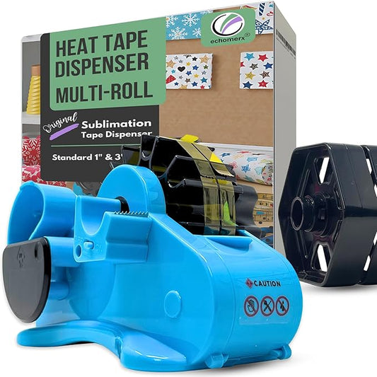 Echomerx Original Tape Dispenser Multi-Roll - Pre-Cut Sublimation Heat Resistant, Cricut, Transfer, Thermal, Press, Thin Double-Sided & Scotch Tapes, 1" & 3" Large Core, Blue