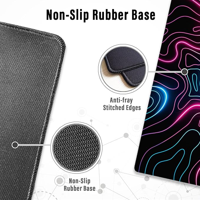 Ovenbird Gaming Mouse Pad with Stitched Edges, Topographic Map Pink Extended XL Mousepad with Anti-Slip Base, Cool Neon Large Mouse Pad for Desk, 31.5 x 11.8 in, Pink and Blue