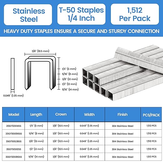 meite T50 Stainless Steel Staples Marine, 1/4 Inch Heavy Duty Staples for Staple Gun - 1512 Counts, 20 Gauge 3/8 Inch Crown T50 Upholstery Staple for Marine Applications