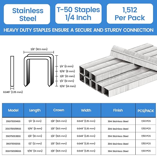 meite T50 Staples Marine, 1/4 Inch 304 Stainless Steel Staples for Staple Gun, Heavy Duty 20 Gauge 3/8 Inch Crown T50 Upholstery Staple for Marine Applications (5 Packs)