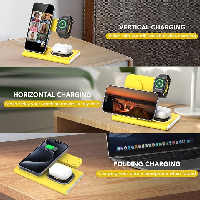 3 in 1 Foldable Wireless Fast Charging Station for Apple Multiple Devices | iPhone Charging Station for iPhone 17, Travel iWatch Charger Stand, Light Nightstand Charging Dock for Apple Watch/Airpods