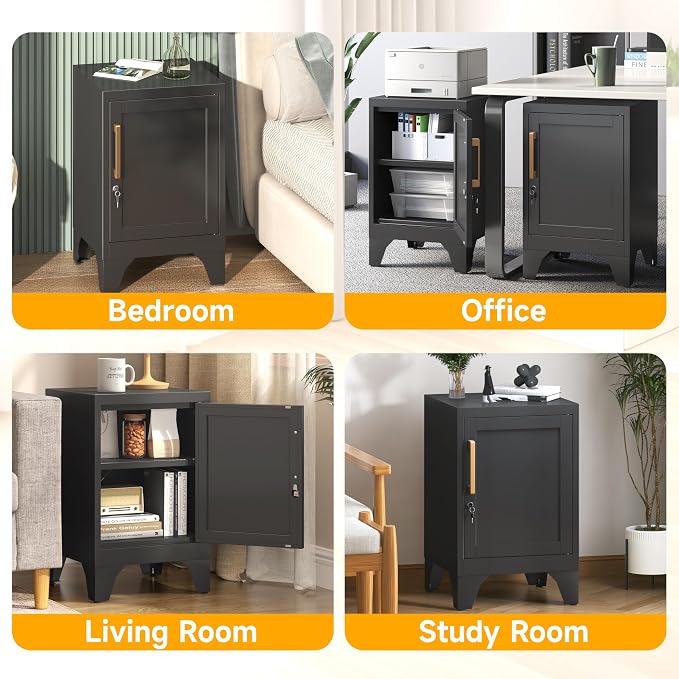 23.6" H Metal Locker Nightstand Set of 2,Black Locking Night Stand with Door and Adjustable Shelf, Small Side Table with Detachable Legs for Home Office,Living Room or Bedroom,Easy Assembly