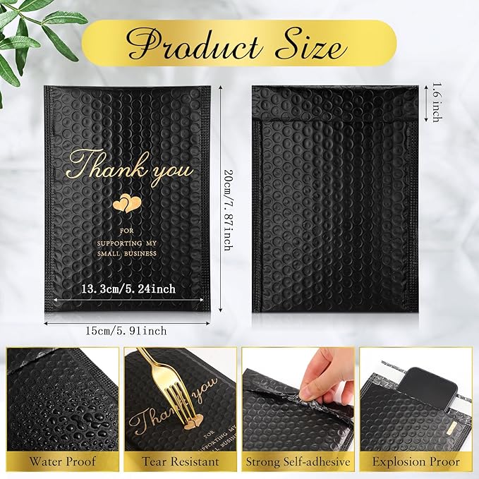 Kosiz 100 Pcs Bubble Mailers Thank You Padded Shipping Envelopes Poly Waterproof Mailing Envelopes Self Adhesive Bags for Small Business Clothing Boutique Jewelry Package(Black,6"x8")