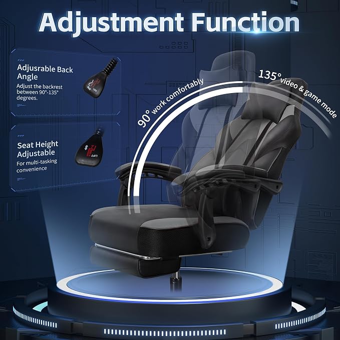 Gaming Chairs for Adults, Computer Chair with Footrest and High Back, Big and Tall Gamer Chair's with Massage Lumbar Support, 360° Swivel Height Adjustable Gaming Chair, Grey