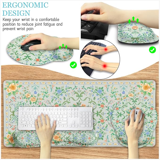 LIMKRIAN Floral Desk Mat Set, Cute Green Mouse Pad with Gel Wrist Rest | Ergonomic Shape Design, XXL Large Desk Pad Stitched Edges, Keyboard Wrist Support, Coaster, Desk Accessories Decor for Women