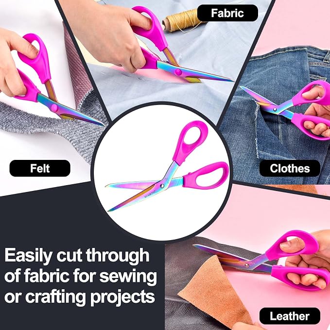 SCAIKTIG 8.5“ Bent Fabric Scissors All Purpose Sharp Heavy Duty, Bent Shears for Sewing Crafting Cutting Clothes, Felt, Leather, Paper Supplies, Pink Handle, Titanium Coating Blades