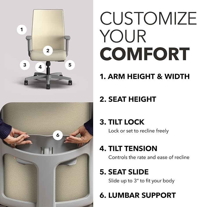 HON Ignition 2.0 Ergonomic Office Chair, Lumbar Support, Desk Chair, Linen | Ergonomic office desk chair with lumbar support, adjustable arms, office decor, workstation comfort for focused productivity