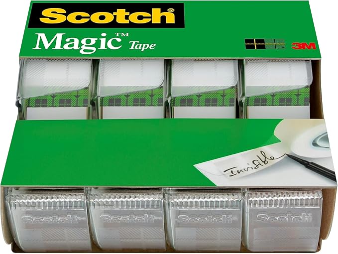 Scotch Magic Tape, Invisible, Home Office Supplies and Back to School Supplies for College and Classrooms, 4 Rolls with 4 Dispensers